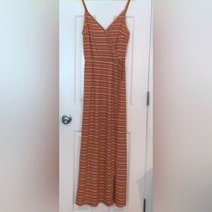 Trendy IS stripe it wrap dress with spaghetti straps, orange, beige, brown white